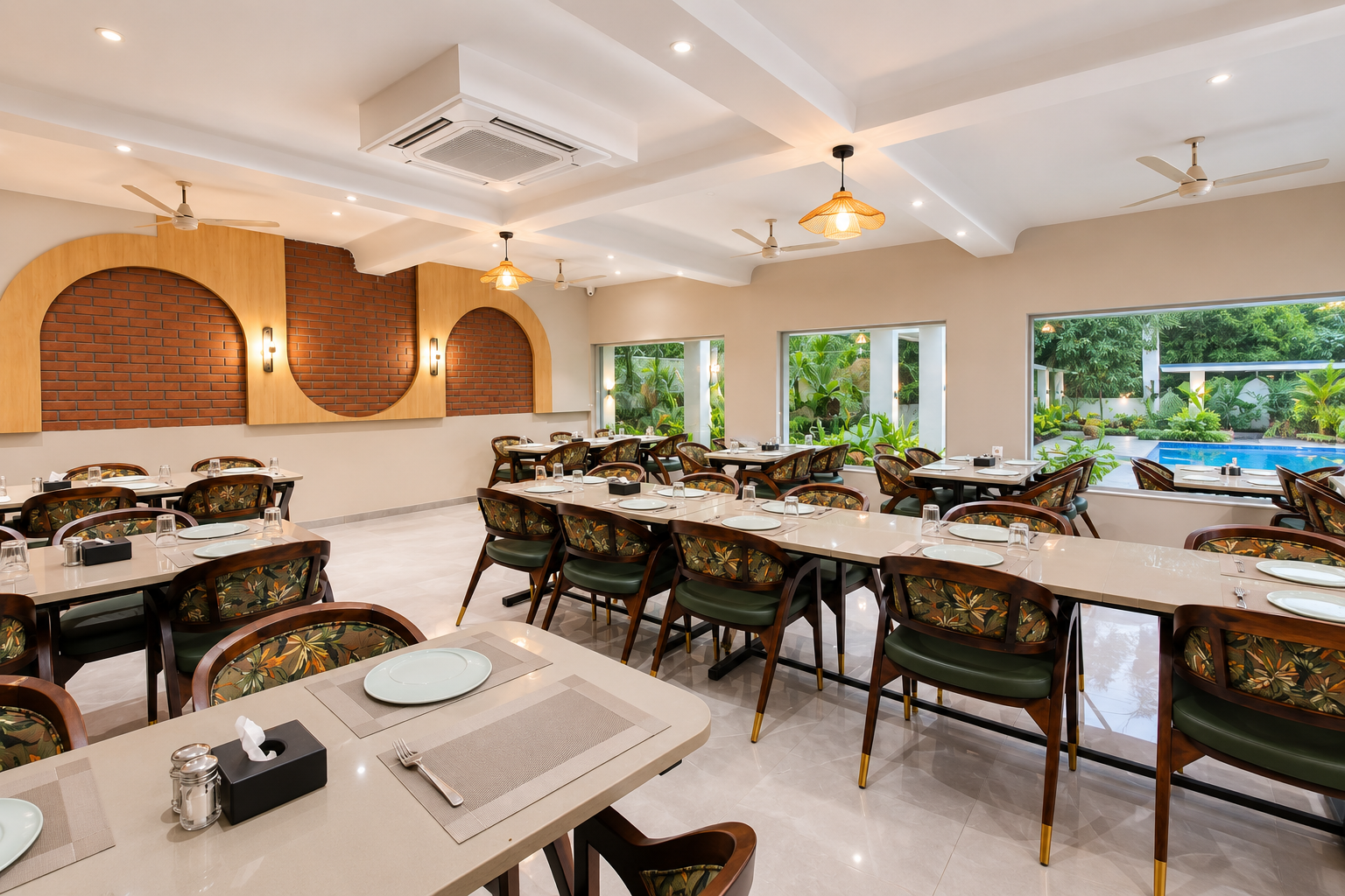 Restaurant at Florea Resort serving Konkan and multi-cuisine meals, Nagaon, Alibag